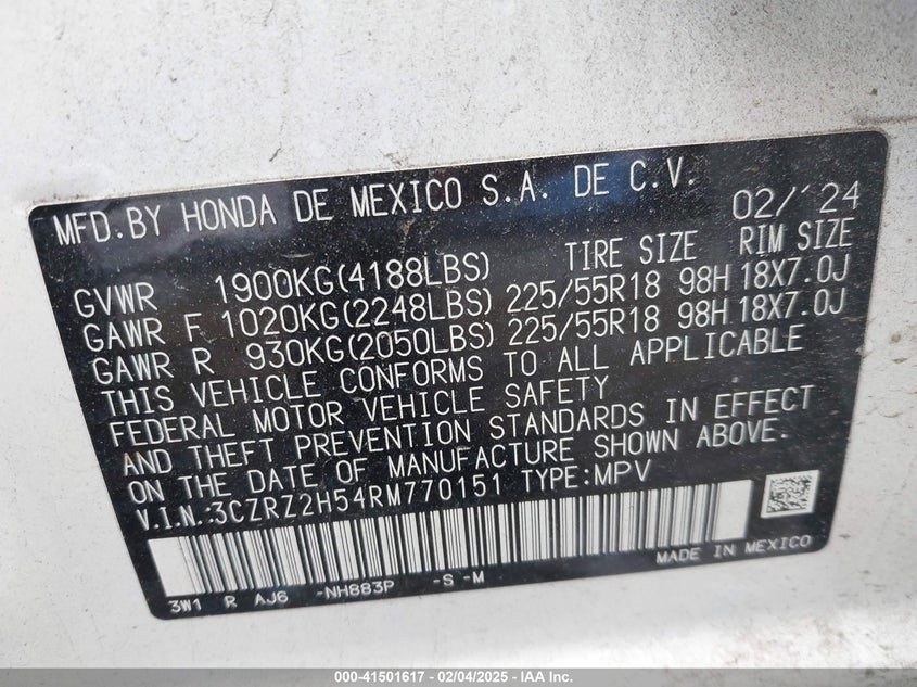 2024 HONDA HR-V AWD SPORT/AWD SPORT W/O BSI - 3CZRZ2H54RM770151