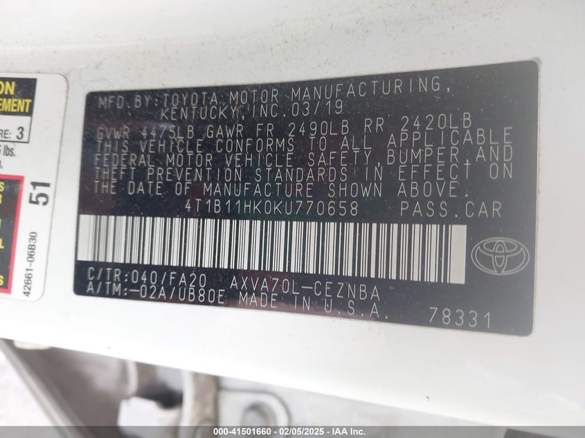 2019 TOYOTA CAMRY VIN: 4T1B11HK0KU770658
