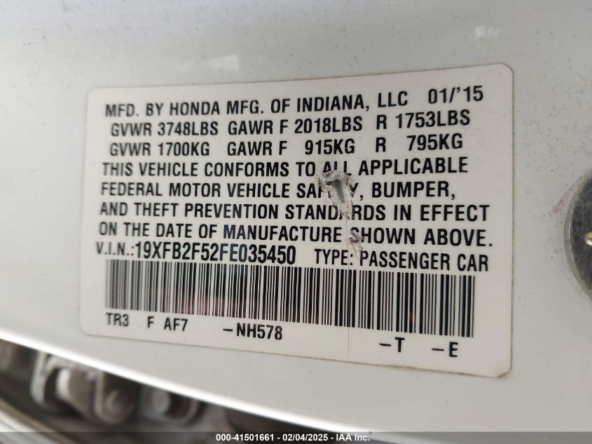 VIN 19XFB2F52FE035450 2015 HONDA CIVIC no.9