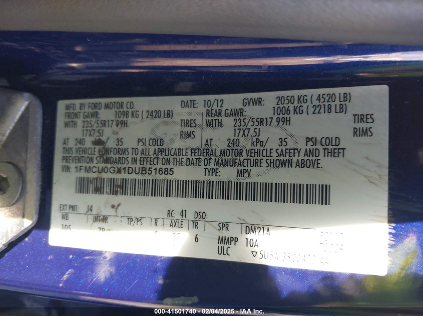 2013 FORD ESCAPE VIN: 1FMCU0GX1DUB51685