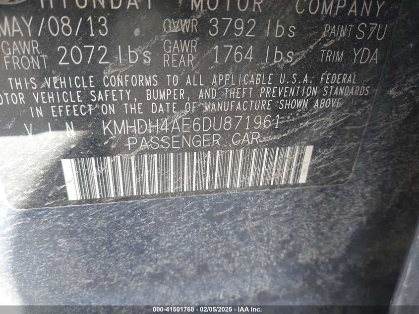 2013 HYUNDAI ELANTRA VIN: KMHDH4AE6DU871961