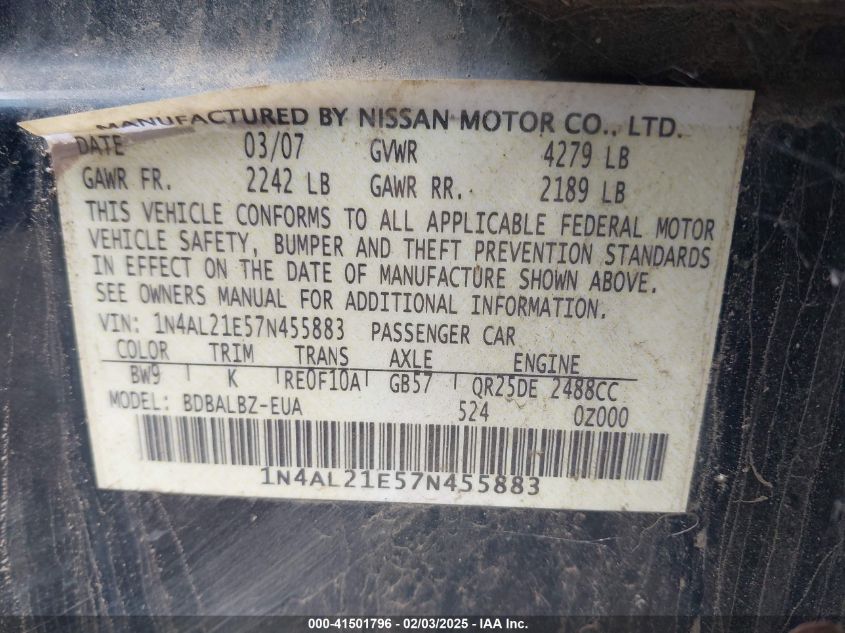 2007 Nissan Altima 2.5 S VIN: 1N4AL21E57N455883 Lot: 41501796