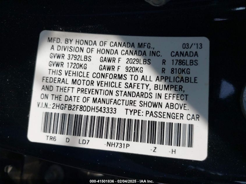 2013 Honda Civic Ex VIN: 2HGFB2F80DH543333 Lot: 42505883