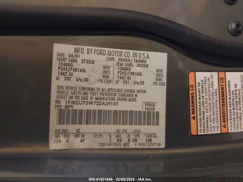 2002 Ford Explorer Limited VIN: 1FMZU75W72ZA39101 Lot: 41501846