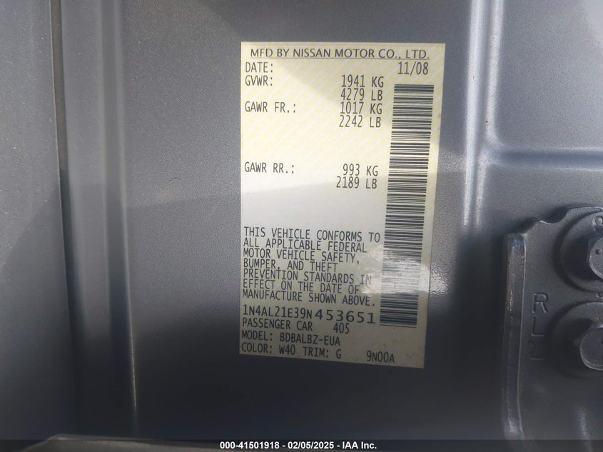 2009 NISSAN ALTIMA VIN: 1N4AL21E39N453651