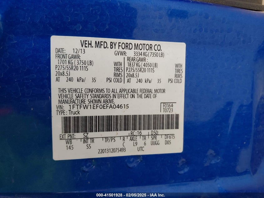 2014 FORD F-150 VIN: 1FTFW1EF0EFA04615