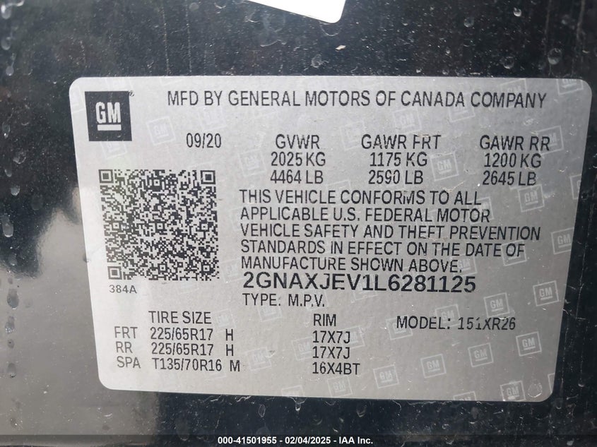 2020 CHEVROLET EQUINOX VIN: 2GNAXJEV1L6281125