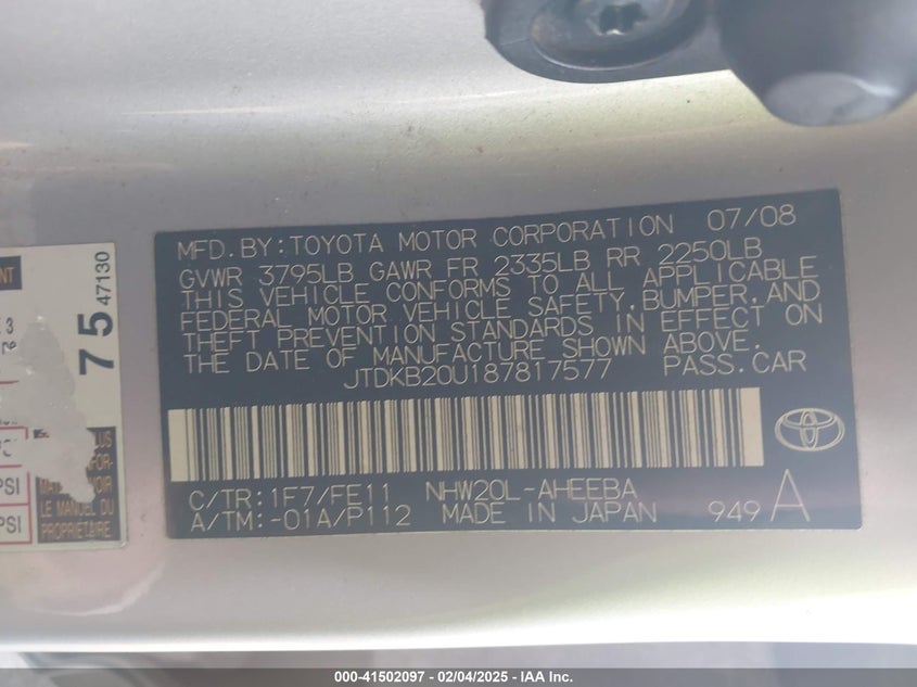 2008 TOYOTA PRIUS VIN: JTDKB20U187817577
