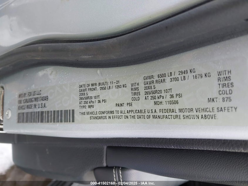 2021 JEEP GRAND CHEROKEE L VIN: 1C4RJKBG7M8174049
