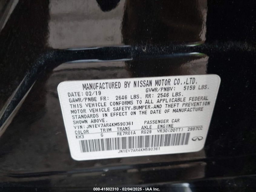 2019 Infiniti Q50 3.0T Sport VIN: JN1EV7AR4KM590361 Lot: 41502310