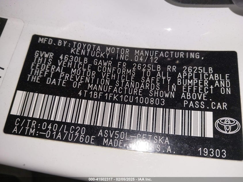 2012 TOYOTA CAMRY VIN: 4T1BF1FK1CU100803
