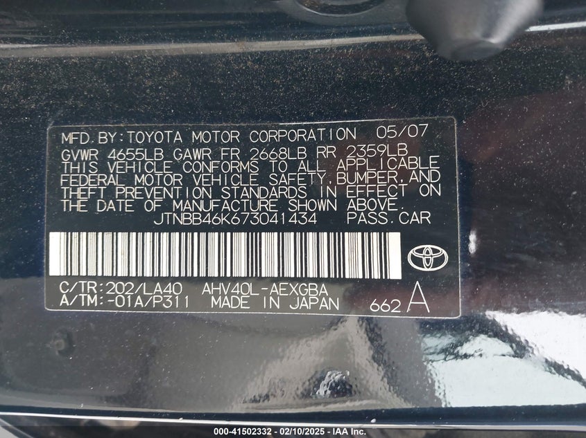 2007 TOYOTA CAMRY VIN: JTNBB46K673041434
