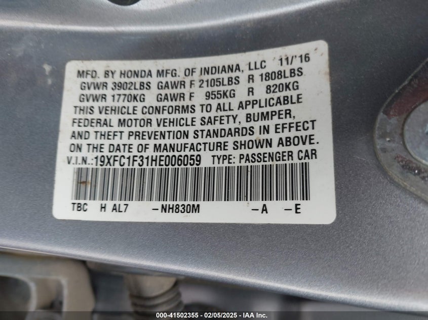 2017 HONDA CIVIC VIN: 19XFC1F31HE006059