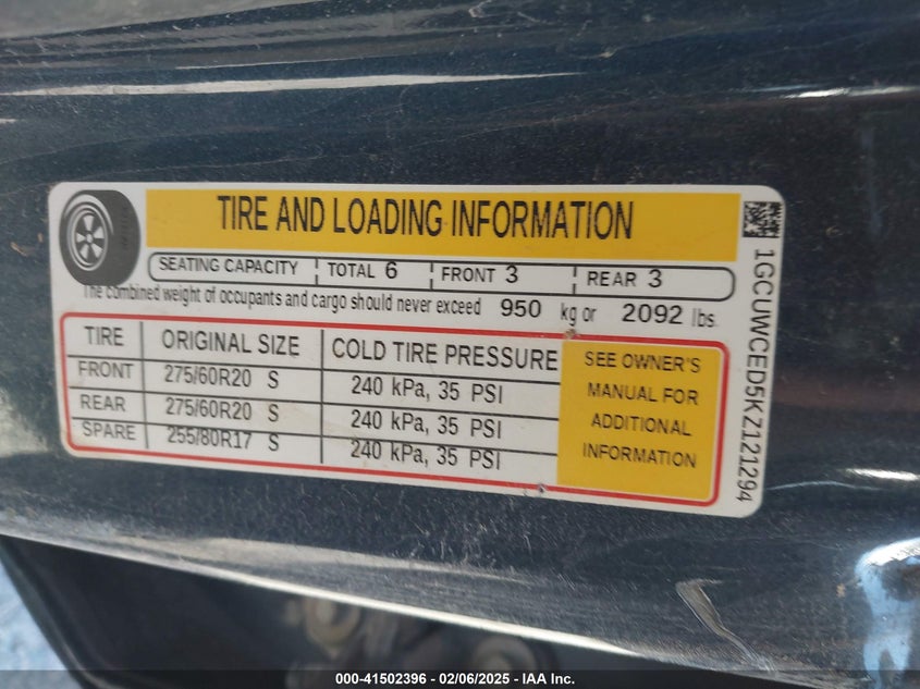 2019 CHEVROLET SILVERADO 1500 VIN: 1GCUWCED5KZ121294