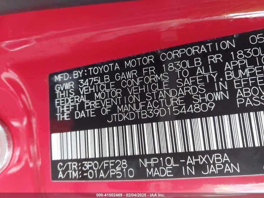 2013 TOYOTA PRIUS C VIN: JTDKDTB39D1544809