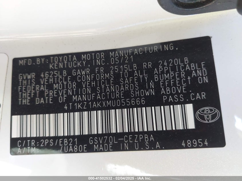 2021 TOYOTA CAMRY VIN: 4T1KZ1AKXMU055666