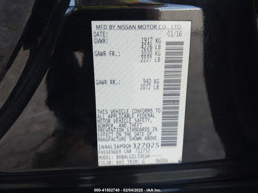 2016 NISSAN ALTIMA VIN: 1N4AL3AP0GN327025