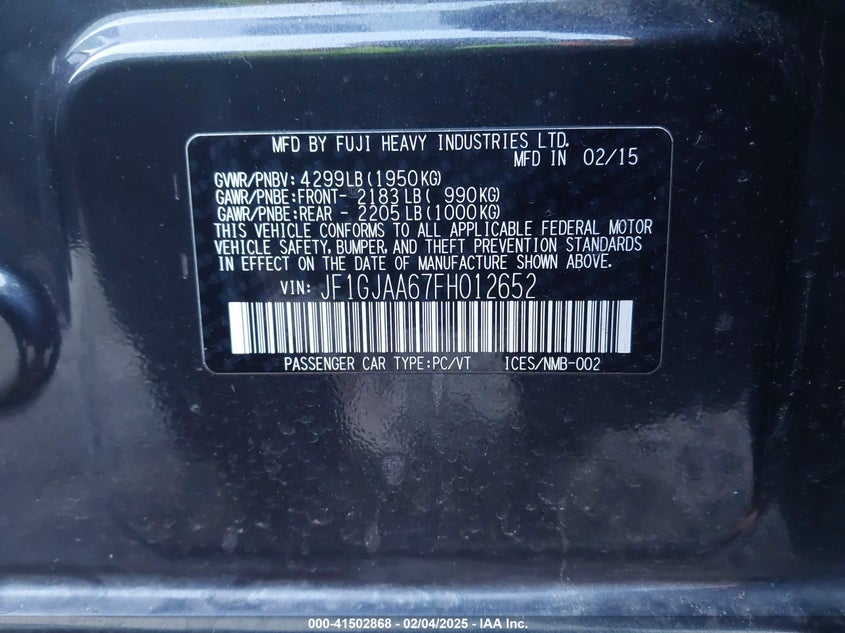 2015 SUBARU IMPREZA VIN: JF1GJAA67FH012652