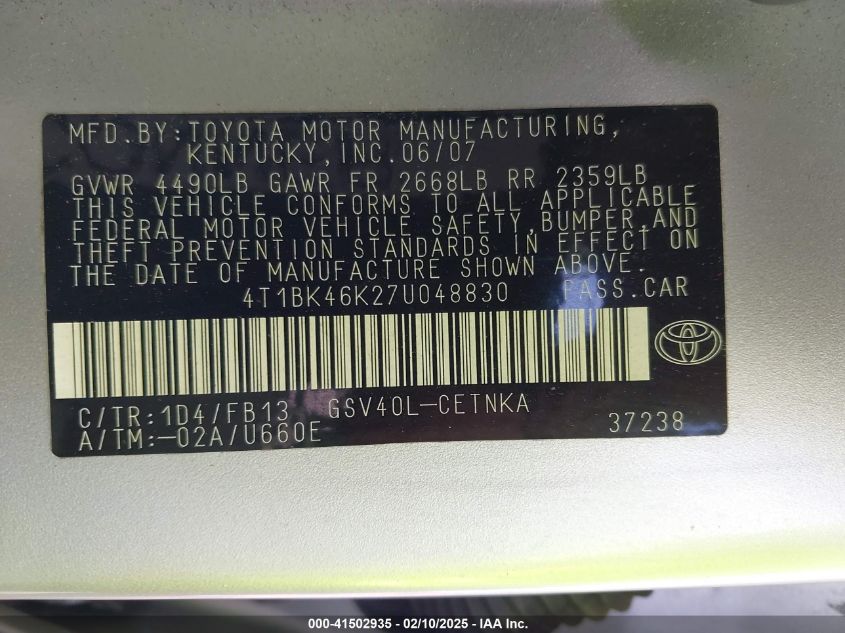 2007 Toyota Camry Le V6 VIN: 4T1BK46K27U048830 Lot: 41502935
