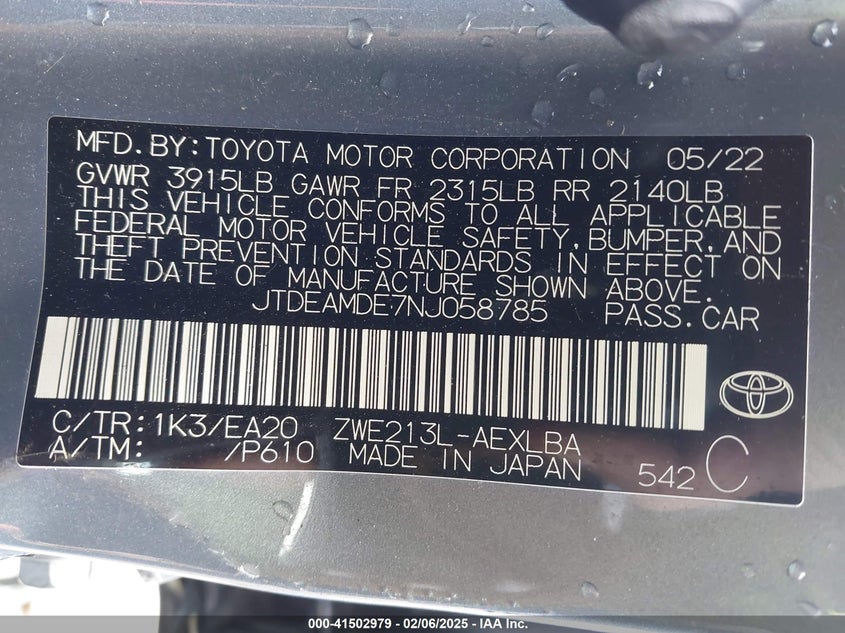 2022 TOYOTA COROLLA HYBRID LE - JTDEAMDE7NJ058785