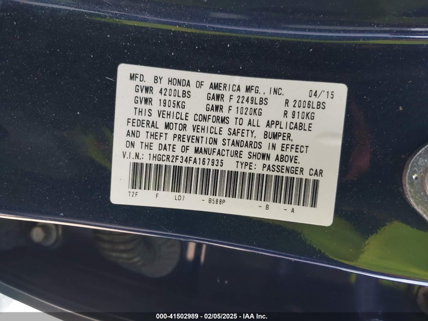 2015 HONDA ACCORD SEDAN VIN: 1HGCR2F34FA167935