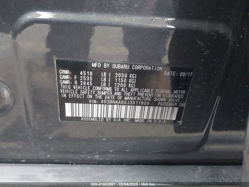 2018 Subaru Legacy 2.5I VIN: 4S3BNAA60J3011809 Lot: 41502991