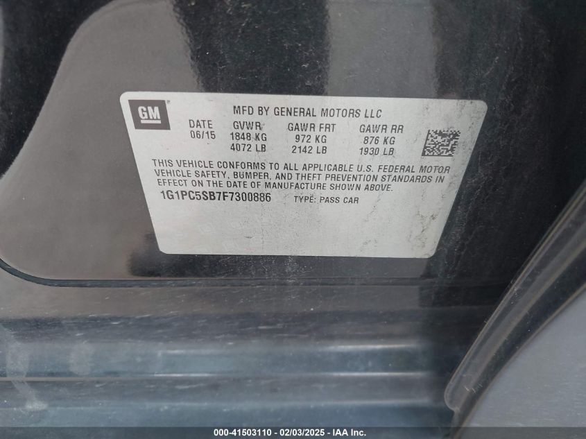 2015 Chevrolet Cruze 1Lt Auto VIN: 1G1PC5SB7F7300886 Lot: 41503110