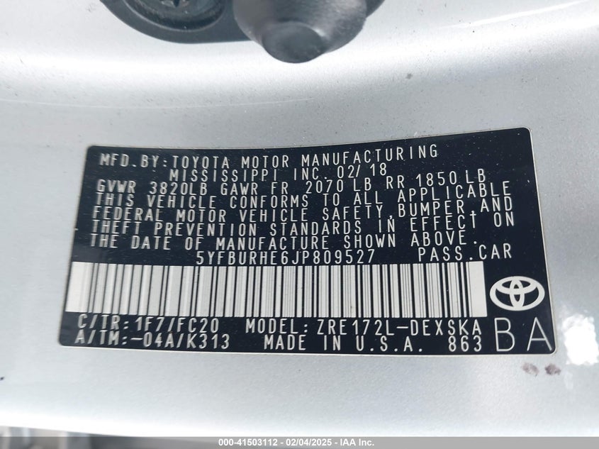 2018 TOYOTA COROLLA VIN: 5YFBURHE6JP809527