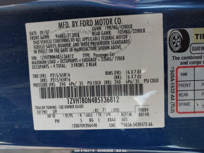 2008 Ford Mustang V6 Deluxe/V6 Premium VIN: 1ZVHT80N485136812 Lot: 41503115