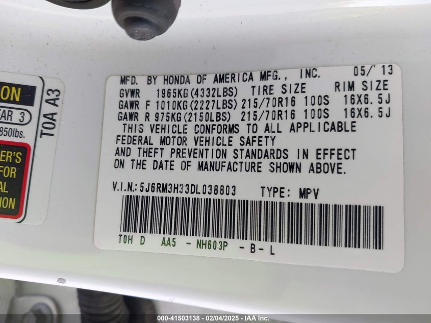 2013 HONDA CR-V VIN: 5J6RM3H33DL038803