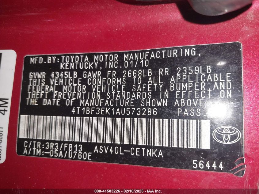 2010 Toyota Camry VIN: 401VF3EK1AU573286 Lot: 41503226