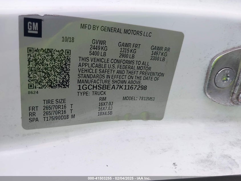 2019 CHEVROLET COLORADO VIN: 1GCHSBEA7K1167298