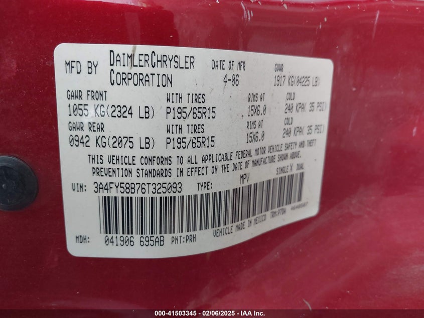 2006 CHRYSLER PT CRUISER VIN: 3A4FY58B76T325093