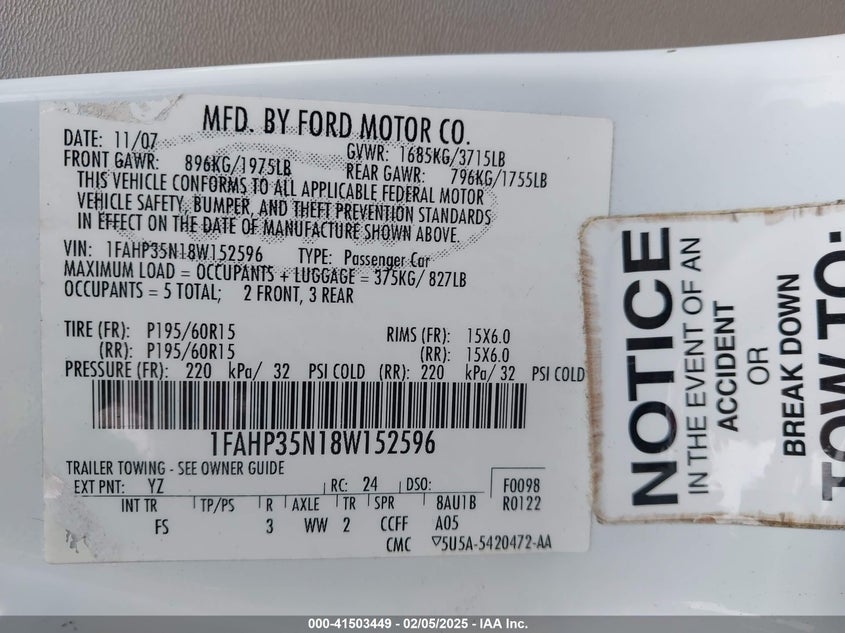 2008 FORD FOCUS VIN: 1FAHP35N18W152596