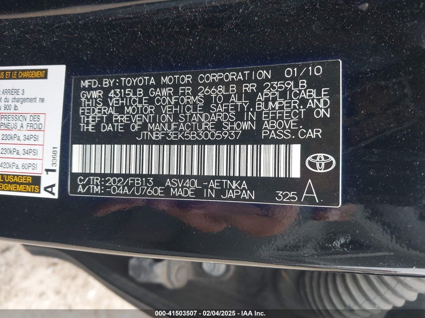 2011 TOYOTA CAMRY VIN: JTNBF3EK5B3005937