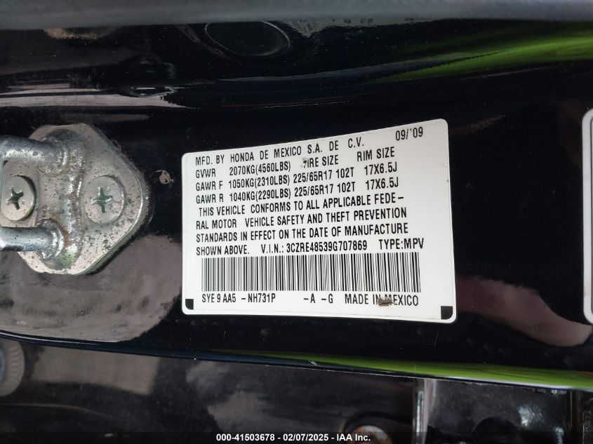 2009 Honda Cr-V Ex VIN: 3CZRE48539G707869 Lot: 41503678