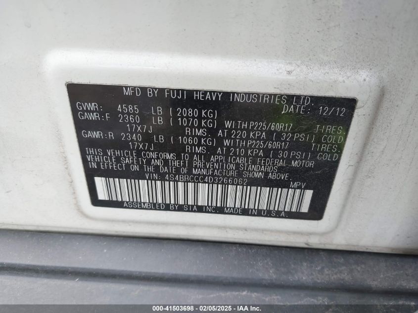 2013 Subaru Outback 2.5I Premium VIN: 4S4BRCCC4D3266062 Lot: 41503698