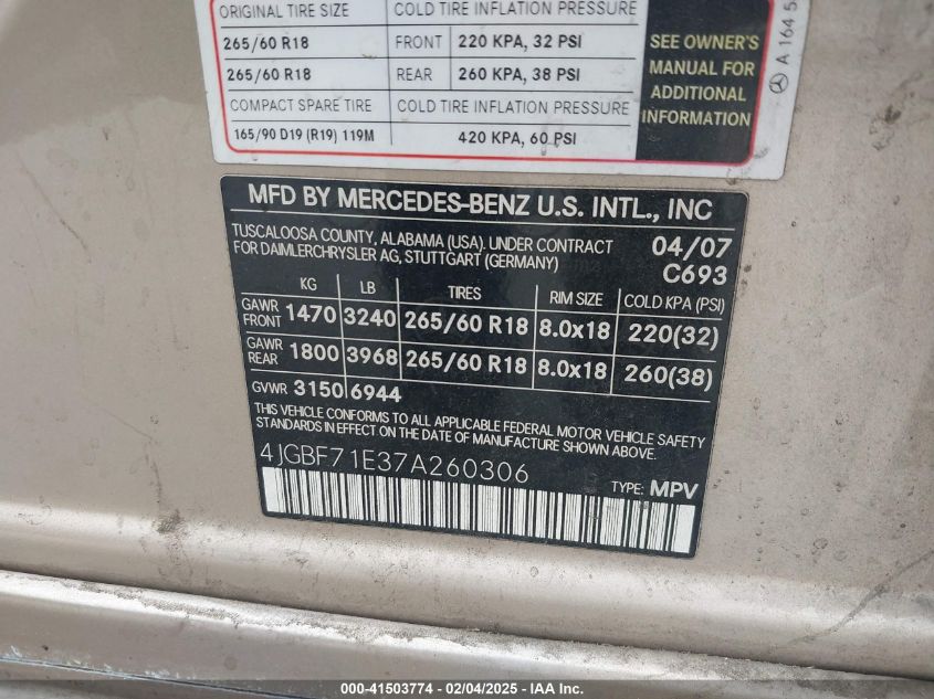 2007 Mercedes-Benz Gl 450 4Matic VIN: 4JGBF71E37A260306 Lot: 41503774