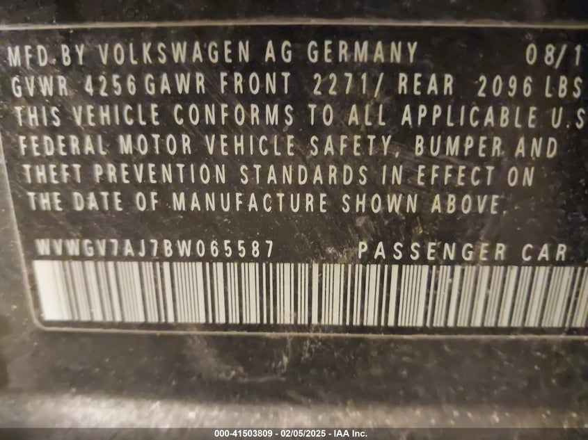 2011 VOLKSWAGEN GTI VIN: WVWGV7AJ7BW065587