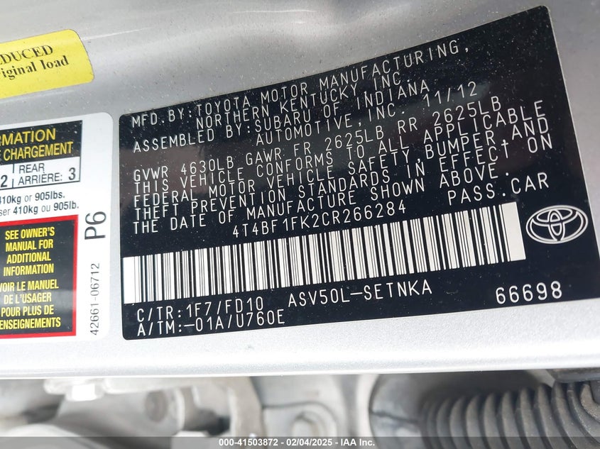 2012 TOYOTA CAMRY VIN: 4T4BF1FK2CR266284