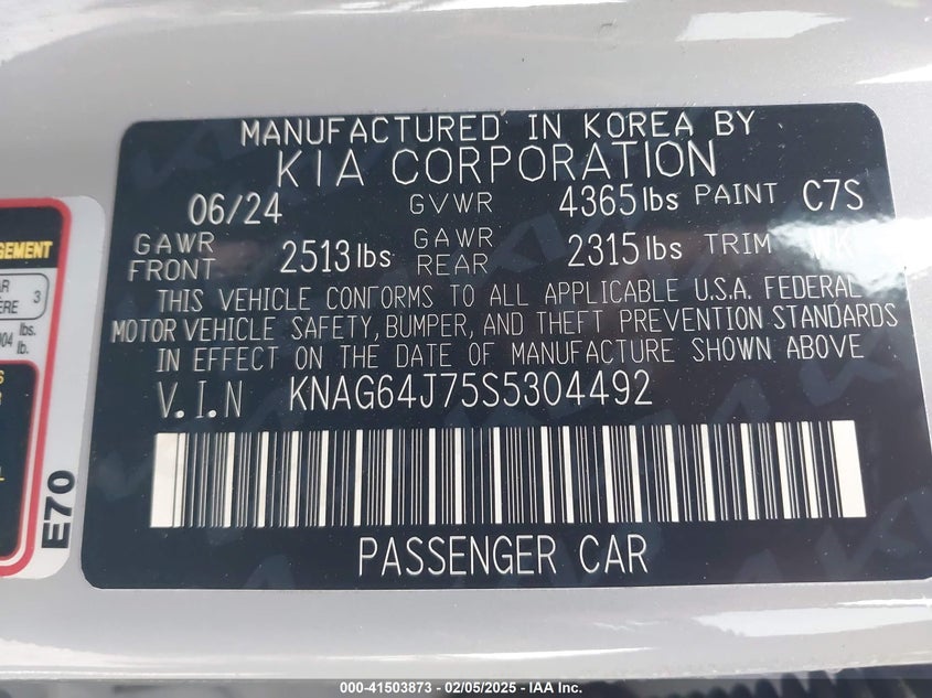 2025 KIA K5 VIN: KNAG64J75S5304492