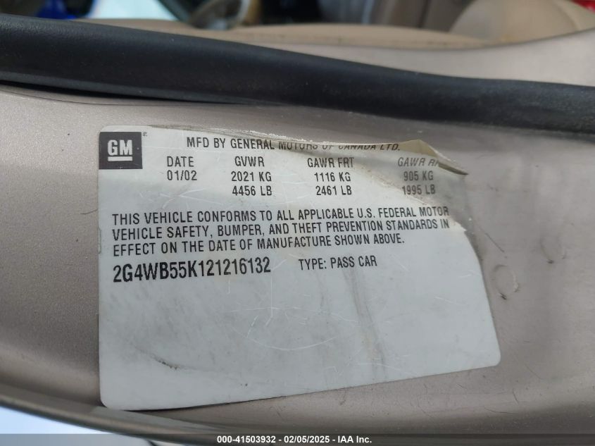 2002 Buick Regal VIN: 2G4WV55K121216132 Lot: 41503932