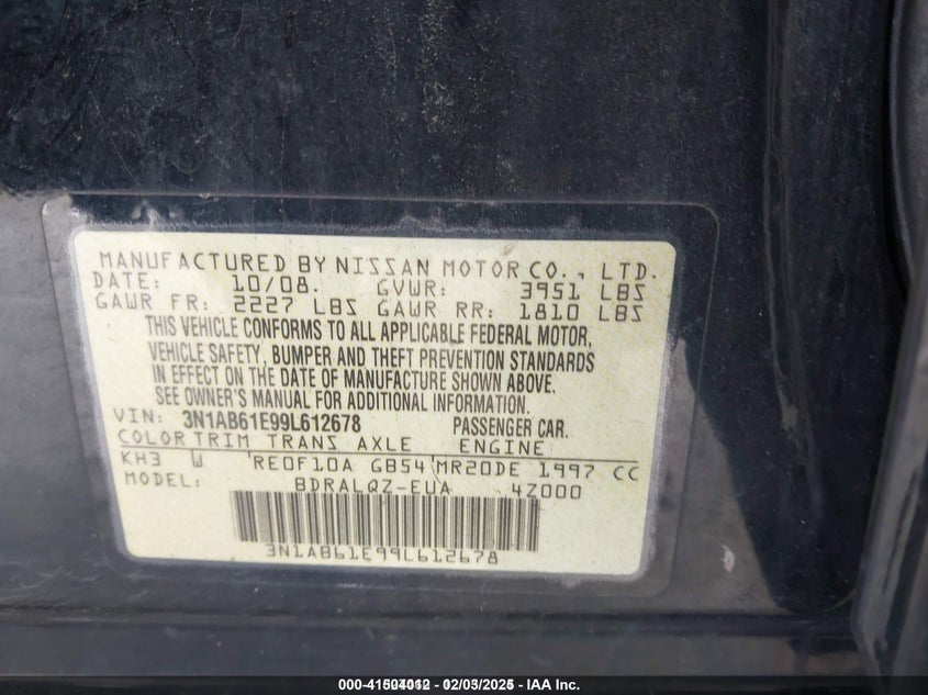 2009 NISSAN SENTRA VIN: 3N1AB61E99L612678