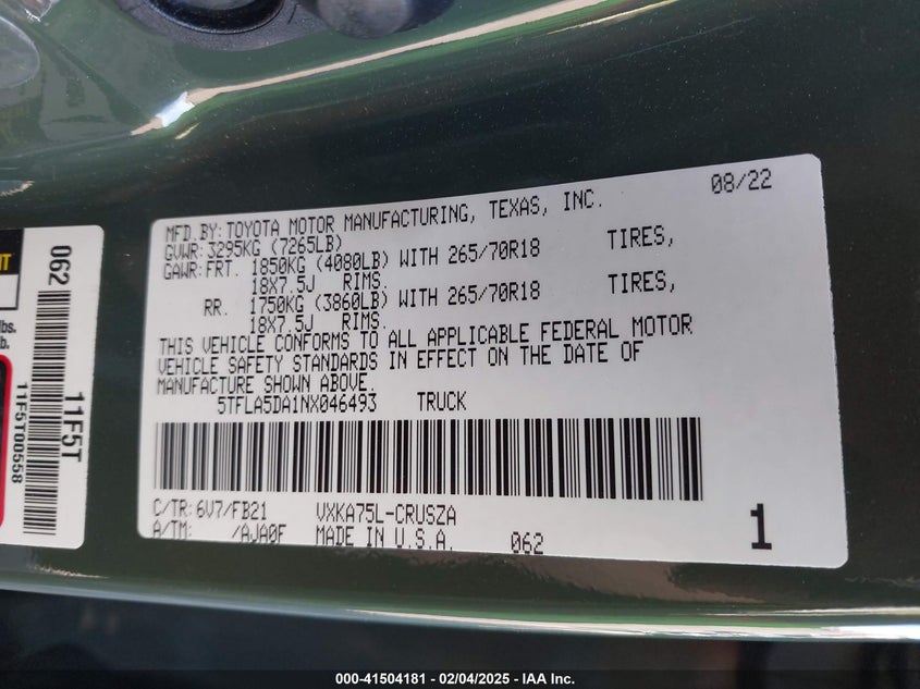 2022 TOYOTA TUNDRA VIN: 5TFLA5DA1NX046493