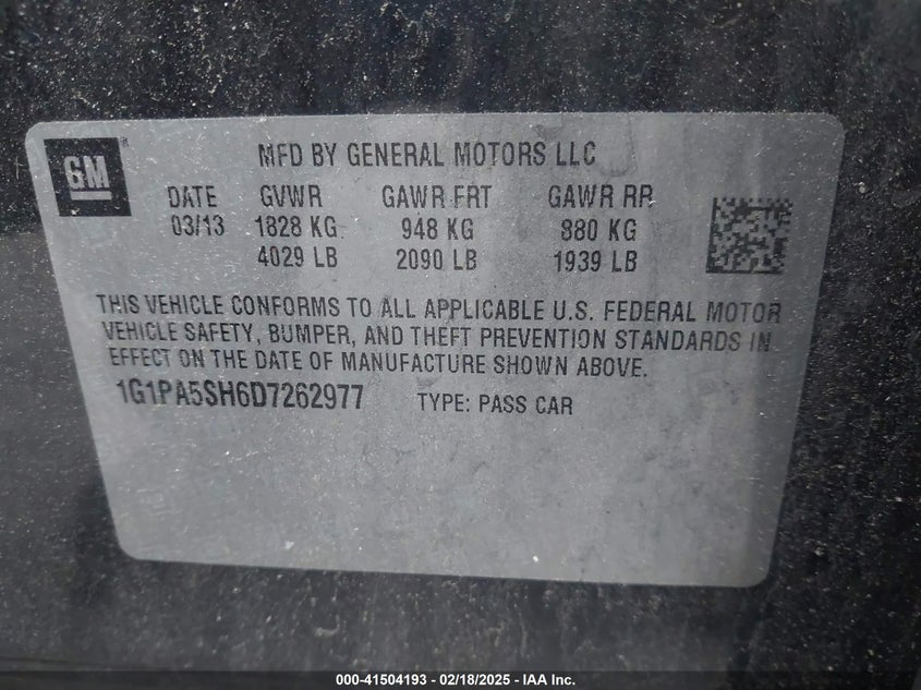 2013 CHEVROLET CRUZE VIN: 1G1PA5SH6D7262977
