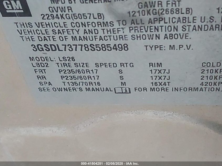 2008 Saturn Vue V6 Xr VIN: 3GSDL73778S585498 Lot: 41504251