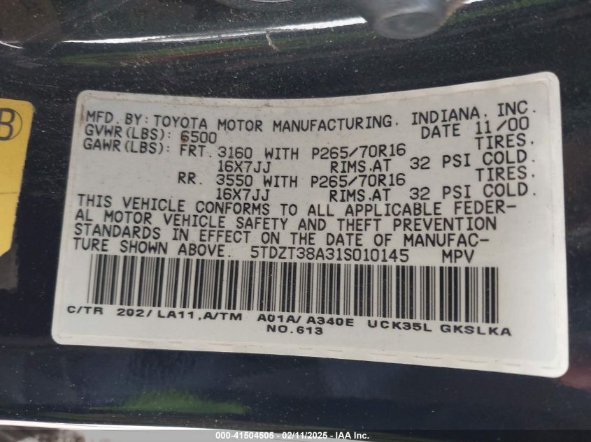 2001 Toyota Sequoia Limited V8 VIN: 5TDZT38A31S010145 Lot: 41504505