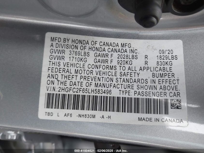 2020 Honda Civic Lx VIN: 2HGFC2F65LH583496 Lot: 41504521