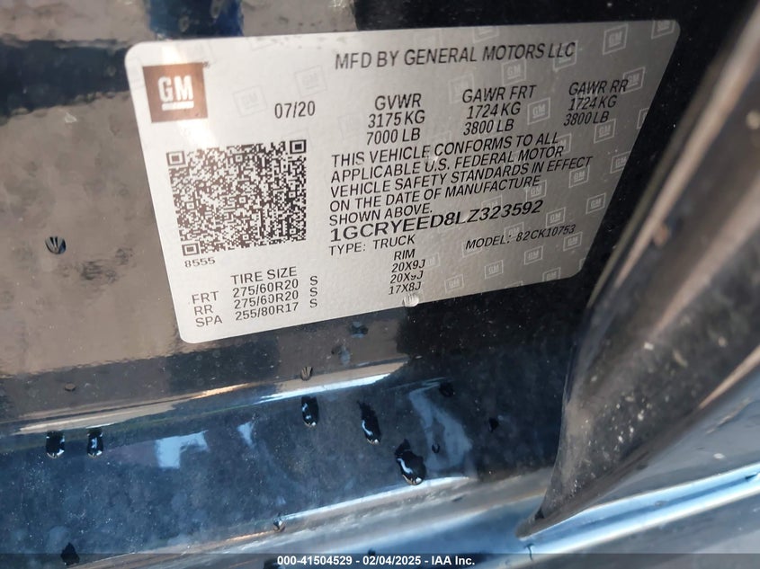 2020 CHEVROLET SILVERADO 1500 VIN: 1GCRYEED8LZ323592