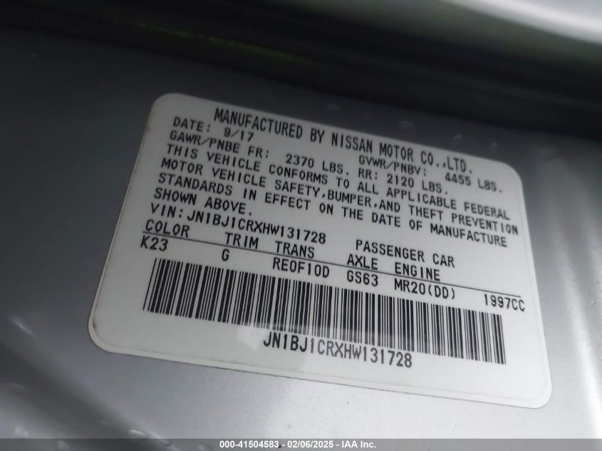 2017 Nissan Rogue Sport Sv VIN: JN1BJ1CRXHW131728 Lot: 41504583